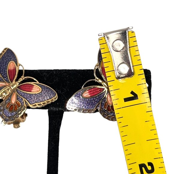 Vtg Cloisonne Butterfly Clip On Earrings Purple Red Enamel Inlaid Bug Goldtone - Picture 5 of 7